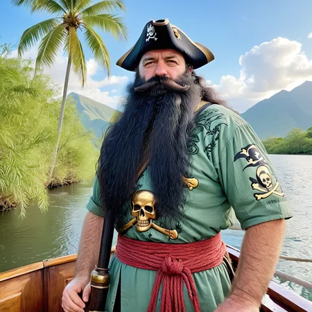 powerbeard, pirate captain, 17th century, long black wig, tall, burly, black hair, hairy arms, cutlass in scabbard, galleon, standing in bow of ship, main deck in midground, skull and crossbones flag, jolly roger, rigging, rope coil, half full antique rum bottles, tropical  river inlet, aqua water, sun reflections on water, late afternoon, palm trees, lush vegetation, distant mountains, detailed background, shadows<lora:Power_Beards:1> OverallDetail
