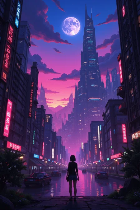 a futuristic sci-fi fantastic cyberpunk city beautiful  landscape, dusk, woman, very intricate, very detailed, sharp, bright, colorful, <lora:Hand v2:0.5> <lora:Anti-Blur:1><lora:Insane Detail Slider:0.25>  <lora:flux.1_lora_flyway_Epic-detail_v2:0.3> <lora:fluxenhancer:0.25> <lora:Anime_style:0.6> anime style