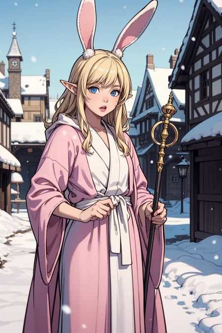 (masterpiece, best quality, detailed, beautiful, realistic),
1boy, elf, young, cute, adorable, effeminate, (big bunny ears:1.2), pink and white mage robe, otoko no ko, slender, slim, small, holding staff, (blonde hair, blue eyes),
medieval town, snow,
<lora:weight_slider_v2:1.4>, <lora:gender_slider_v1:0.8>