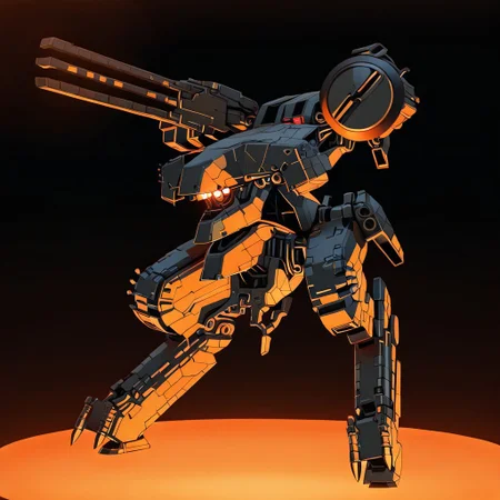 masterpiece, best quality, newest, absurdres, highres, mgrex, mechanical legs, railgun, robot, no humans, gun, glowing, bipedal war machine, military vehicle, heavy armor, science fiction, mecha, military sci-fi, instrument, solo, advanced sensors, weapon, industrial design, AGPV1.1, black background, orange theme,