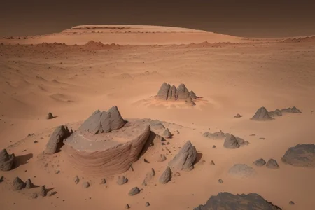 surface of Mars, a giant 30 foot tall statue of a frog is atop an outcrop hill of black rock, the statue is made of smooth polished rose quartz, translucent in the dim sunlight, red desert dune landscape, bewildering discovery, stunning lighting, shadows, realistic, amazing statue begs the question of who built such a fantastic and flawless scultpure