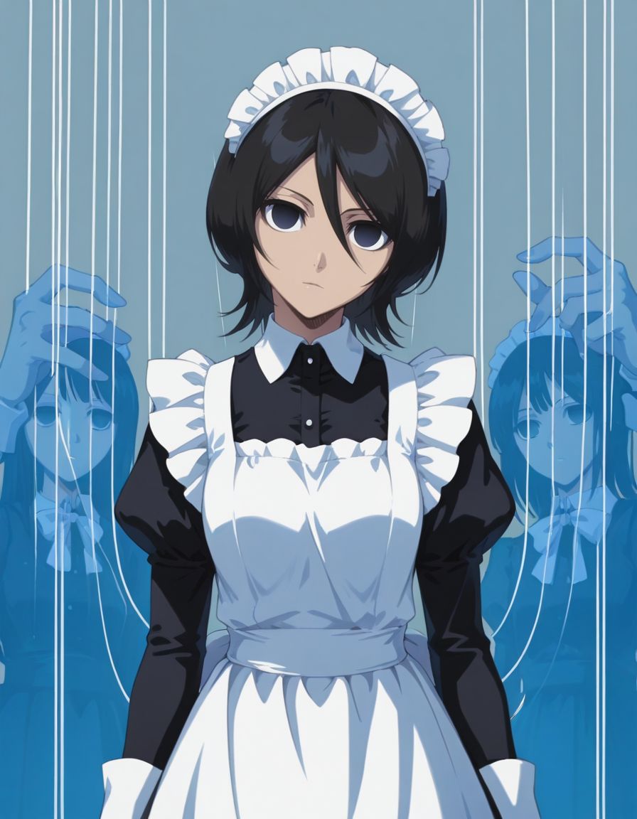masterpiece, best quality,  <lora:Mind_Controlled_Rukia:1>, 4ukia, short hair, black hair, dark blue eyes, expressionless, empty eyes, (head tilt, maid:1.2), upper body, arms at sides,  doll strings, puppeteering,