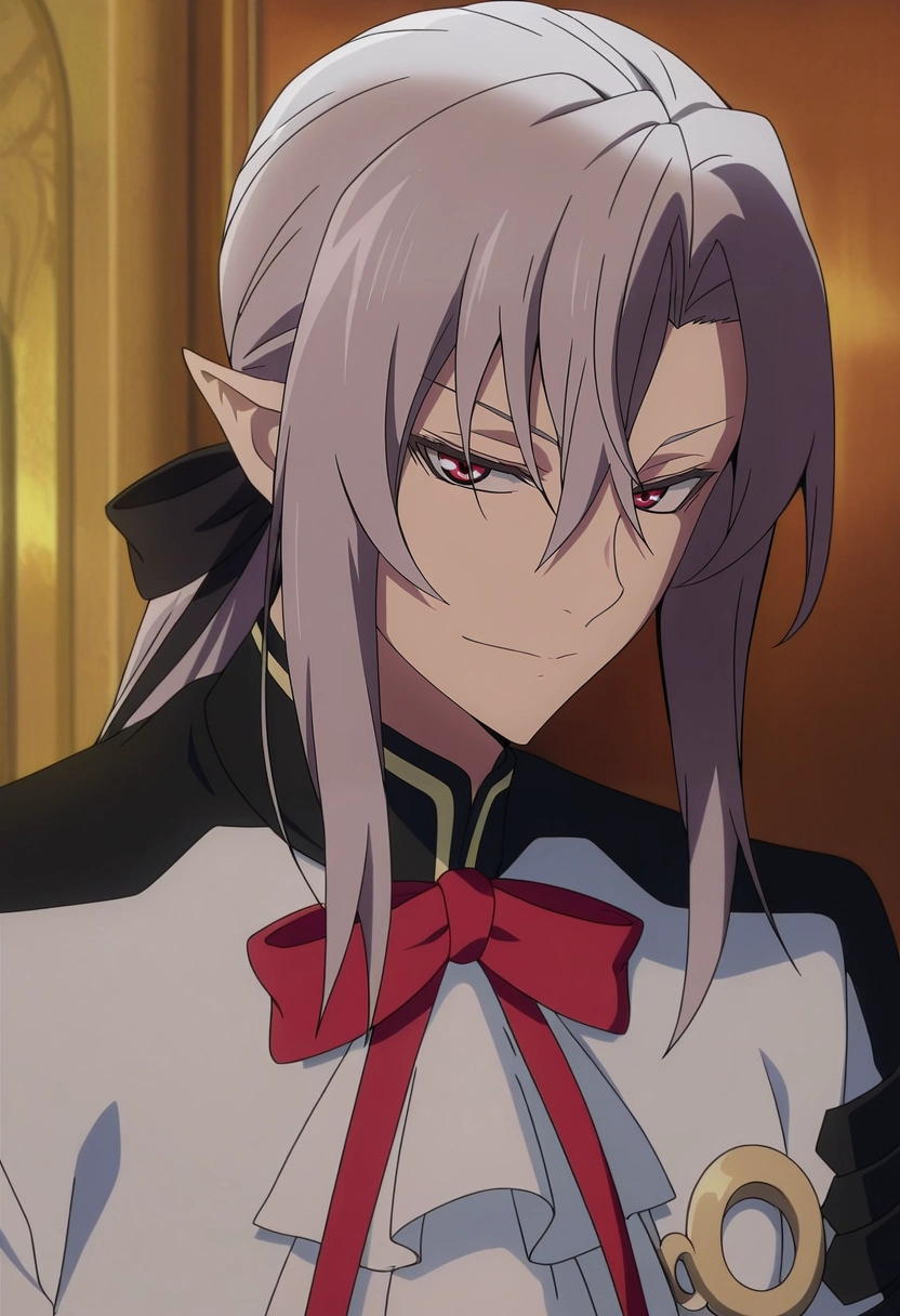 masterpiece, best quality, intricate details, anime screencap, anime coloring, official style, looking at viewer, 1boy, solo, male focus, <lora:ferid_bathory_ilxl:1>, ferid_bathory, grey hair, red eyes, long hair, hair between eyes, pointy ears, ponytail, white jacket, red bowtie, ascot, ,