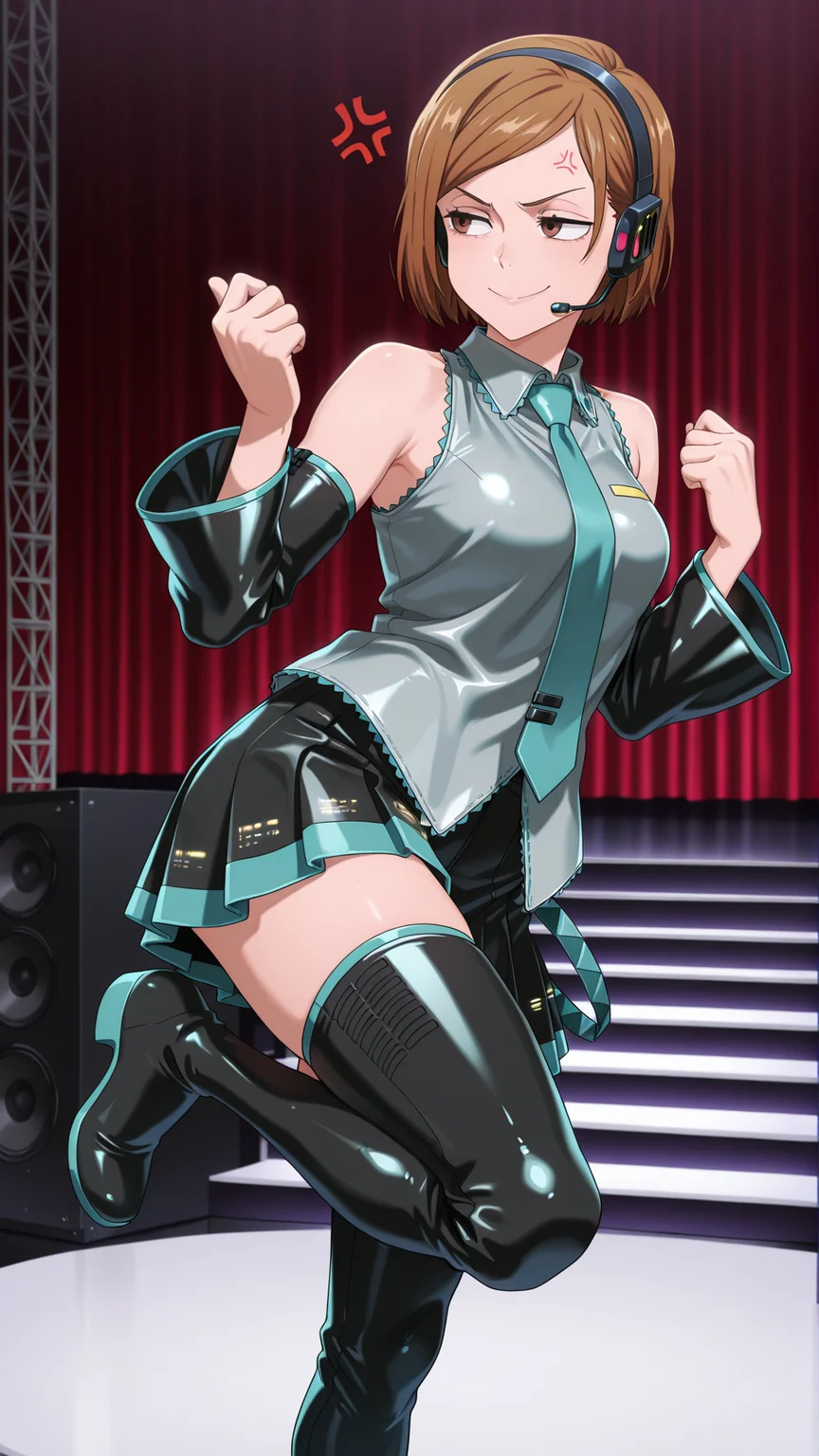 masterpiece,best quality,amazing quality, 1girl, solo, <lora:IlluNobara:1> illuobara, short hair, brown hair, brown eyes, cosplay, hatsune miku \(cosplay\), detached sleeves, necktie, thigh boots, headset, stage, annoyed, smile, standing on one leg, anger vein, looking to the side, hands up,