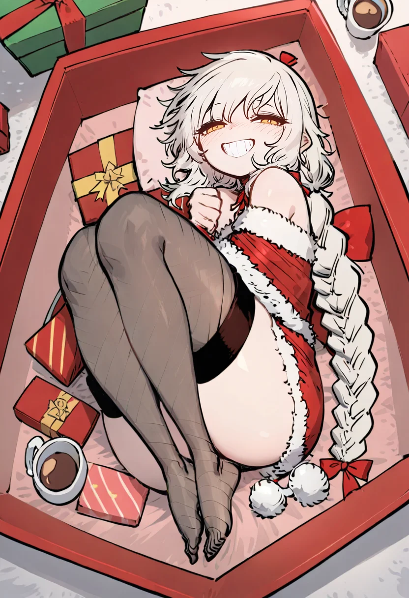 masterpiece, best quality,<lora:SSAMBAteaXL_ANI31_lokr_V53P1:0.95> 1girl, solo, long hair, thighhighs, braid, lying, very long hair, box, looking at viewer, white hair, yellow eyes, on side, bound, in box, ribbon, christmas, smile, in container, fur trim, blush, teeth, red dress, grin, dress, gift, fishnets, bare shoulders, cup, red ribbon