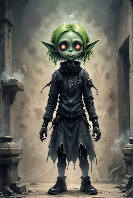 2d comic watercolor, (sad:1.2), scared, blush, pencil sketch, scribble alien cybrk female portrait with evil dark emo clothes dissolving into dust in a temple, highly detailed, Explosive, rim light, electric green <lora:alien-species:.45> <lora:cybrk-knight-2p:.4> <lora:Aether_Ghost_v1.1_LoRA:1>