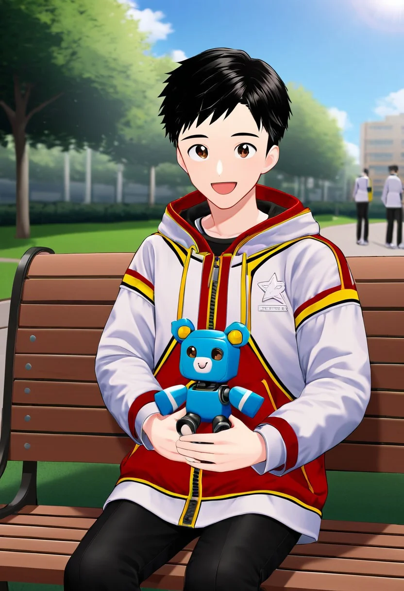 harmard, black hair, short hair, brown eyes, 1boy, (solo:1.20), solo focus, red_white_jacket, black pants, at park, happy expression, sit on bench, holding a robot toy