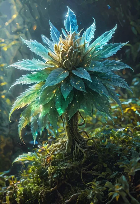 <lora:Mythical_Beasts:0.8> fmb (((CREATION REBEL))), ((REGGAE)) glowing bioluminescent glass a marijuana plant, emerging from a huge rainbow flower, stunning, something that even doesn't exist, mythical being, energy, molecular, textures, iridescent and luminescent scales, breathtaking beauty, pure perfection, divine presence, unforgettable, impressive, breathtaking beauty, Volumetric light, auras, rays, vivid colors<lora:SDXLFaeTastic2400:0.8>, Strobe Lighting, <lora:EnvyEleganceXL01s:0.7> elegant, <lora:EnvyFeverDreamXL01a:0.7>