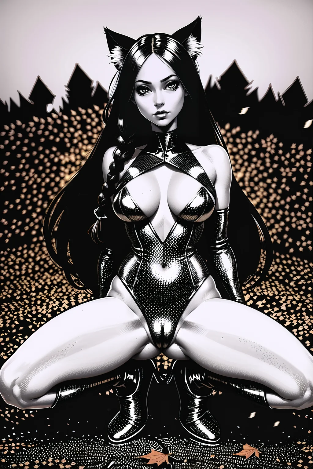 negative space,black background, (masterpiece, best_quality, ultra-detailed, immaculate:1.3), epic, illustration, 1girl, (metallic 2000's Autumn:1.3) cute catgirl, full body, cameltoe, [:creative costume design,:0.2], official art, (african, dark skin:0.6), creepy deep black lighting from below, in a messy, high-tech stadium, bombshell hair, matte auburn hair, side braid, squatting <lora:EnvyMetalMix01:1>