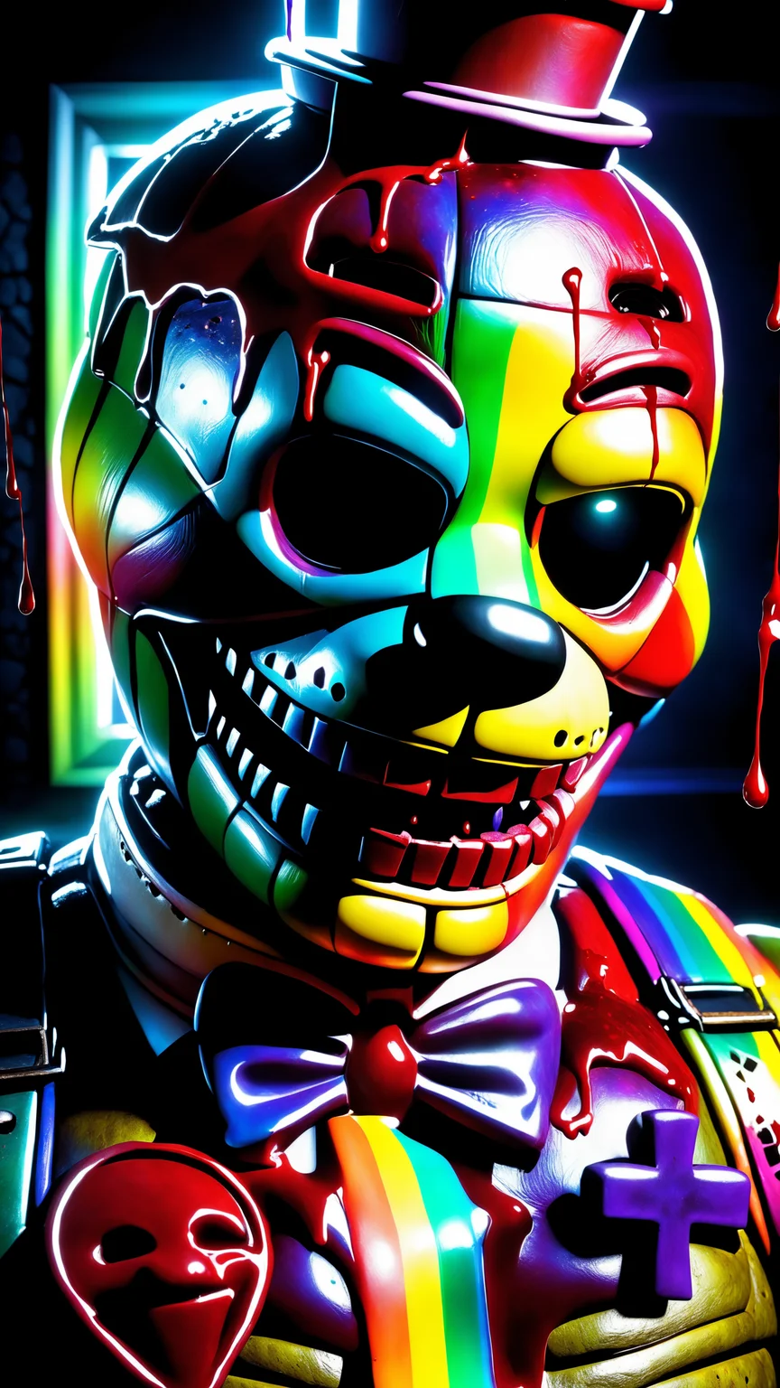 Bonnie fnaf, rainbow springtrap, muscular animatronic, inside home, Springtrap, Nightmare Springtrap,  <lora:xl_yamer_style-1.0:1>, realistic springtrap, fnaf springtrap, creepy springtrap, realistic springtrap, (rainbow bloody veins growing and intertwining out of the darkness), Springtrap potrait, oozing thick blue blood, sharp neon, veins growing and pumping blood, vascular networks growing, springtrap costume, green veins everywhere, (nailed wire), blood on body, (rainbow skin:1.4), (Cross-hatching:1.1), (Infrared:1.2), Hypercube, ultra detailed, intricate, oil on canvas, ((dry brush, ultra sharp)), (surrealism:1.1), (disturbing:1.1), sparks, dark atmosphere, RTX, post processing, fnaf pizzeria, ultra detail, freddy fazbear, springtrap Five Nights at Freddy's, a lot of blood, fnaf animatronic, nightmare animatronic, golden freddy, detailed background, pizzeria background, beksinski style,  heart on chest, lubrified body, body reflections, bloody, (shattered glass:1.3), cosmic space background, ethereal atmosphere, dynamic pose, black hole in the background, stars, space, lensflare, rim lighting, backlighting, detailed hands, muscular hands, glowing rainbow teeth, glowing mouth