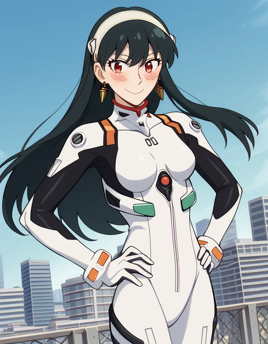score_9, score_8_up, score_7_up, source_anime, yorbriar, <lora:yor-briar-s1-ponyxl-lora-nochekaiser:1>, yor briar, black hair, red eyes, earrings, white hairband, hairband, long hair, sidelocks,, <lora:rei-ayanami-cosplay-ponyxl-lora-nochekaiser:1>, reiayanamicosplay, ayanami rei \(cosplay\), bodysuit, headgear, plugsuit, white bodysuit,, outdoors, cityscape, smile, blush, hands on hips,, cowboy shot, dutch angle, solo,