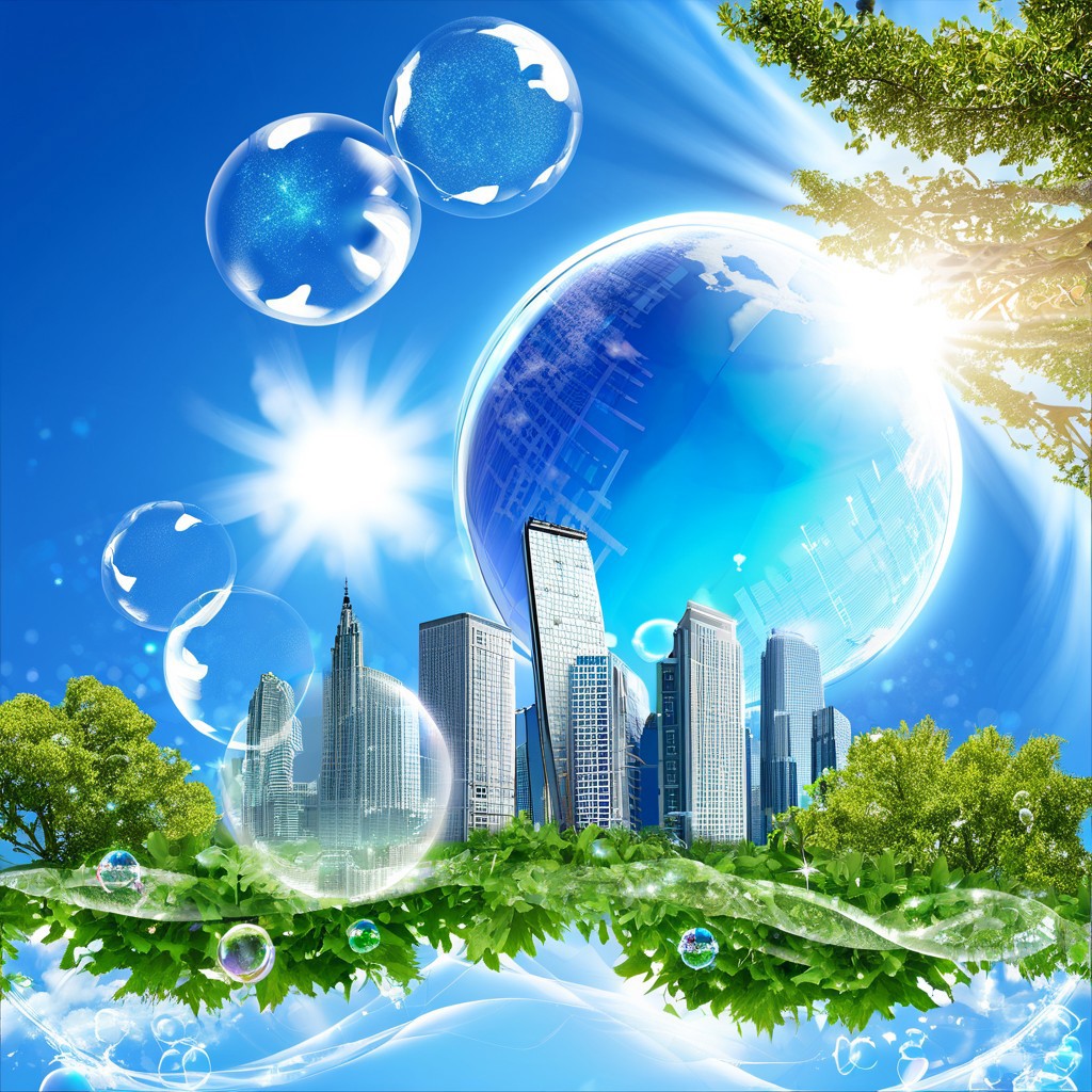clouds, skyline, skyscrapers, trees, globe, sun, sparkles, bubbles, bokeh, blue sky, UHD, 8K, high resolution, ultra detailed