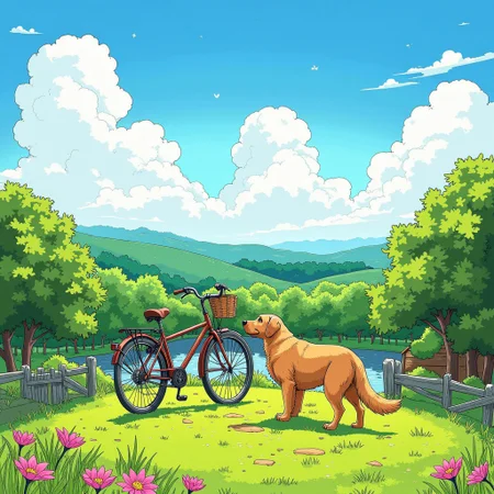 co3y parvdize, This is a vibrant, digitally created illustration depicting a charming , A Bike is parked on a hill top and beside the bike is golden retriever dog , the scenery includes beautiful green trees and pink flowers , the setting is in the afternoon and the feel is beautiful and magical.