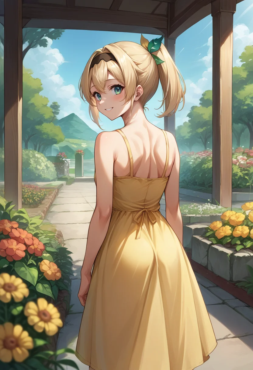 score_9, score_8_up, source_anime, KazamaIroha, hair ornament, hairband, ponytail, from behind, yellow sundress, garden, day, sunshine, smile, looking back, <lora:CHAR-KazamaIrohaPonyXL:1>