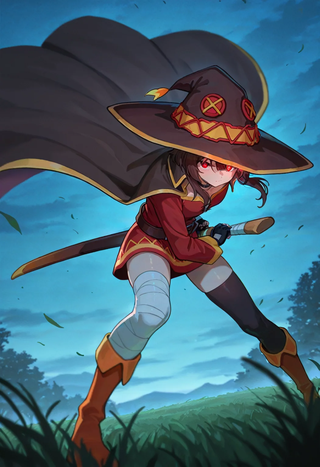 1girl, megumin, red eyes, short hair with long locks, brown hair, solo,
red dress, black choker, fingerless gloves, belt, black gloves, single thighhigh, black thighhighs, bandaged leg, boots, collar, cape, witch hat,
floating cape, wind, falling leaves,
glowing eyes, serious,
dynamic pose, battoujutsu stance, leaning forward,
sheathed, sheath, sword,
close-up,
outdoors, grass, night,
(colorful:0.6), (shiny skin:0.8),
masterpiece, best quality, amazing quality, very aesthetic, absurdres, newest, scenery, (volumetric lighting:1.1), depth of field <lora:Battoujutsu_Stance:1>