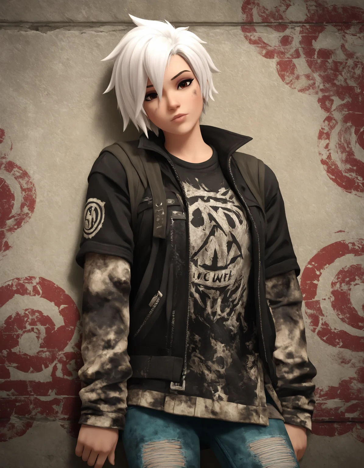 highly detail, 1girl, looking at the viewer, short white hair, Grunge clothes, Grunge style, leaning on the wall, front view,
<lora:owstylev1ill:0.8>