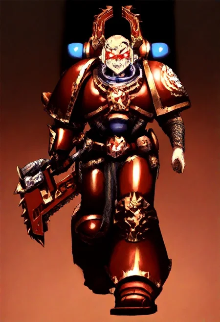 Score_9_up, absurdres, Source: GamesWorkshop, best quality, expressive eyes, perfect face, space marine, World Eaters Traitor Astartes Chapter sorceror holding a chainsword, red armor, spiked horned astartes helmet, full body, volumetric lighting project unreal engine, mantisdetailerse, adddetails, GreyK40k, <lora:PeopleCountSliderLoRAv1:2.0>, <lora:warhammerAdeptus_v1:0.7>,