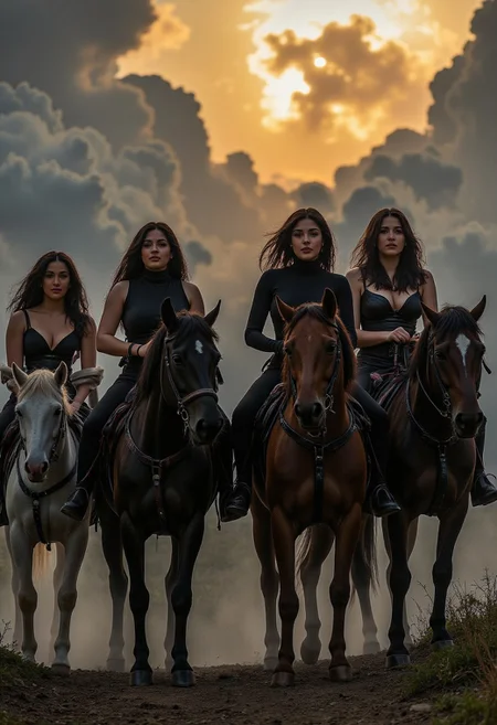 four beautiful women on horses representing the four horsemen of the apocalypse. A dystopian scene as the women ride the horses, dark angelic women,