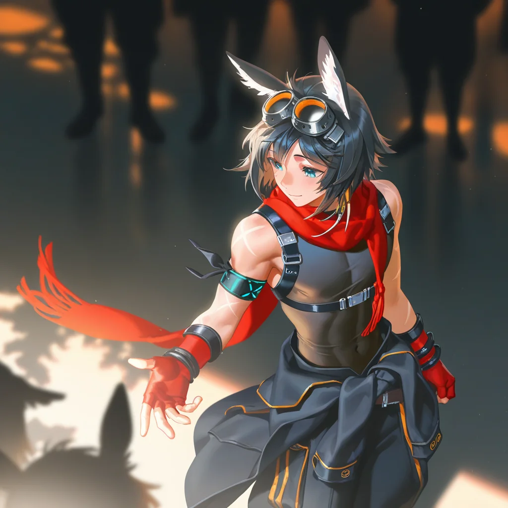 1boy, courier \(arknights\), courierarknights, deer ears, animal ear fluff, medium hair, aqua eyes, tanned skin, (artist:penguin frontier, artist:krenz, artist:yoneyama mai:1.2), nyalia, from above, depth of field, dim lighting, tree shade, crowd, light smile, red scarf, armband, goggles on head, tooth hair ornament, orange goggles, welding goggles, red gloves, fingerless gloves, black sleeveless bodysuit, chest harness, black jacket around waist, black pants, masterpiece, best quality, newest, absurdres, highres, uncensored, <lora:nyalia:0.4>, <lora:lora-000008.TA_trained:0.8>