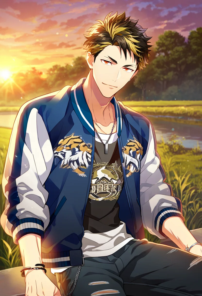 1boy, male focus, solo focus,
<lora:Character - Wind Boys - Reito Tsuji:1> reitotsuji, black hair, multicolored hair, red eyes, bracelet, necklace,
((zPDXL)), score_9_up, score_8_up, score_7_up, score_6_up, score_5_up, score_4_up, best quality, amazing quality, best aesthetic, absurdres, year2023, uncensored, nsfw, official art, official style, depth of field, detailed eye,
outdoors, sitting, riverbank, looking at viewer, sunset,
necklace, bracelet, blazer, letterman jacket,