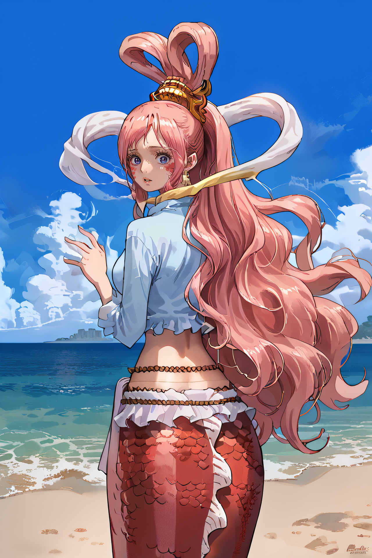 score_9, score_8_up, source_anime,
shirahoshi, very long hair, pink hair, hair rings, hair ornament, mermaid, scales,
reverie shirt, hagoromo, loincloth,
standing, from behind, surprised, looking at viewer, beach,
<lora:Smooth Style 2 SDXL_LoRA_Pony Diffusion V6 XL:0.8>  <lora:shirahoshi:1>