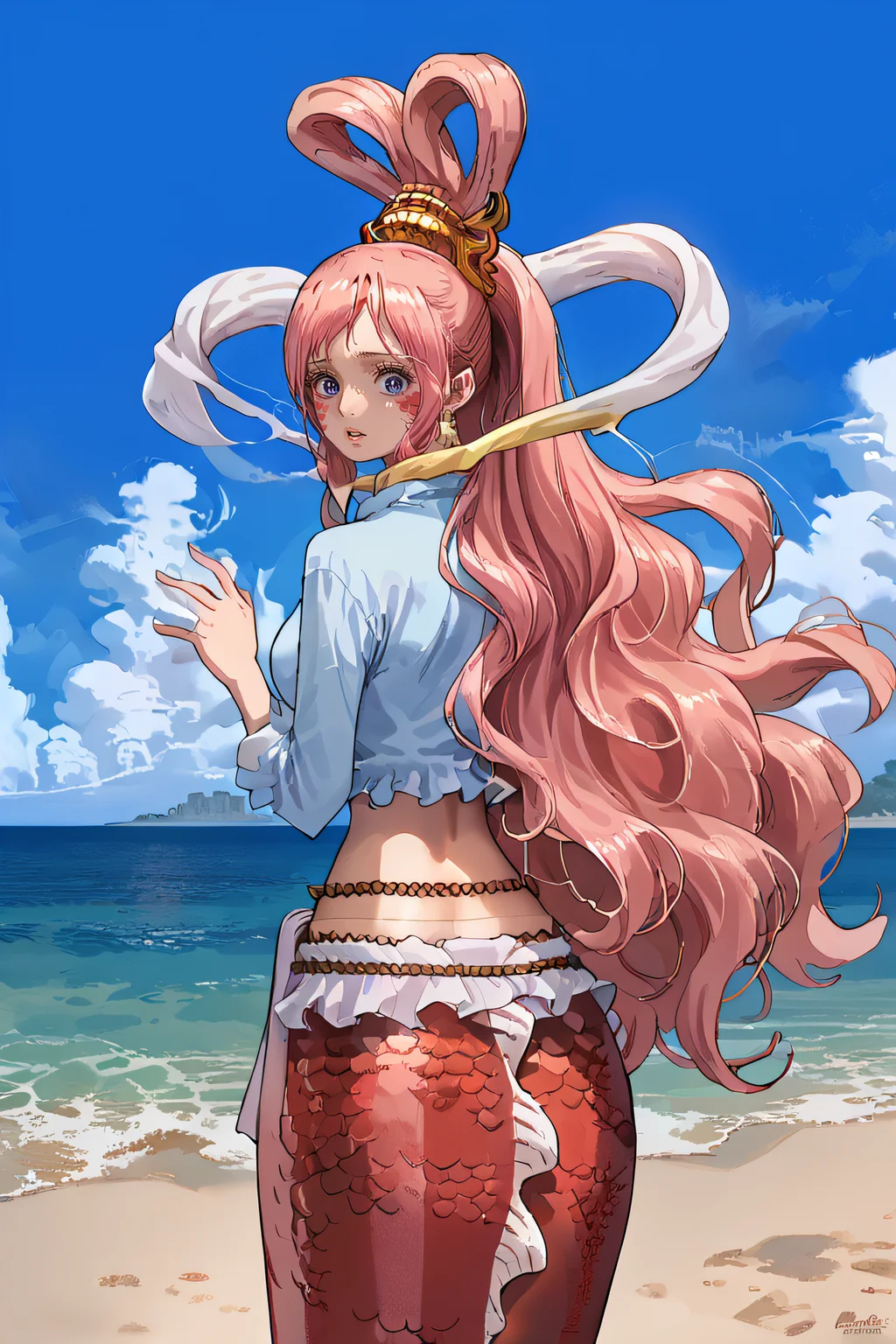 score_9, score_8_up, source_anime,
shirahoshi, very long hair, pink hair, hair rings, hair ornament, mermaid, scales,
reverie shirt, hagoromo, loincloth,
standing, from behind, surprised, looking at viewer, beach,
<lora:Smooth Style 2 SDXL_LoRA_Pony Diffusion V6 XL:0.8> <lora:shirahoshi:1>
