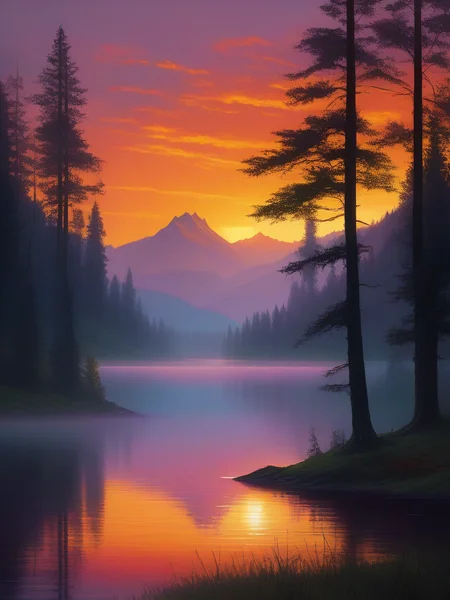 <lora:06NatureArt_Hap_XL:1>, Albert Bierstadt style, Vibrant and dynamic illustrations and vectors, artstation trending, 4k resolution, Masterpiece,highly detailed, <lora:add-detail-xl:0.0001> ,<lora:hand 4:0.0001>,  This painting depicts a serene lake at sunset, with the sky filled with dramatic hues of orange, green, and purple. The water reflects the colorful sky, creating a mirror-like surface. Tall trees frame the scene on both sides, their dark silhouettes adding depth and contrast. In the distance, the mountains are bathed in the soft, fading light of dusk, enhancing the tranquil and contemplative mood of the landscape.