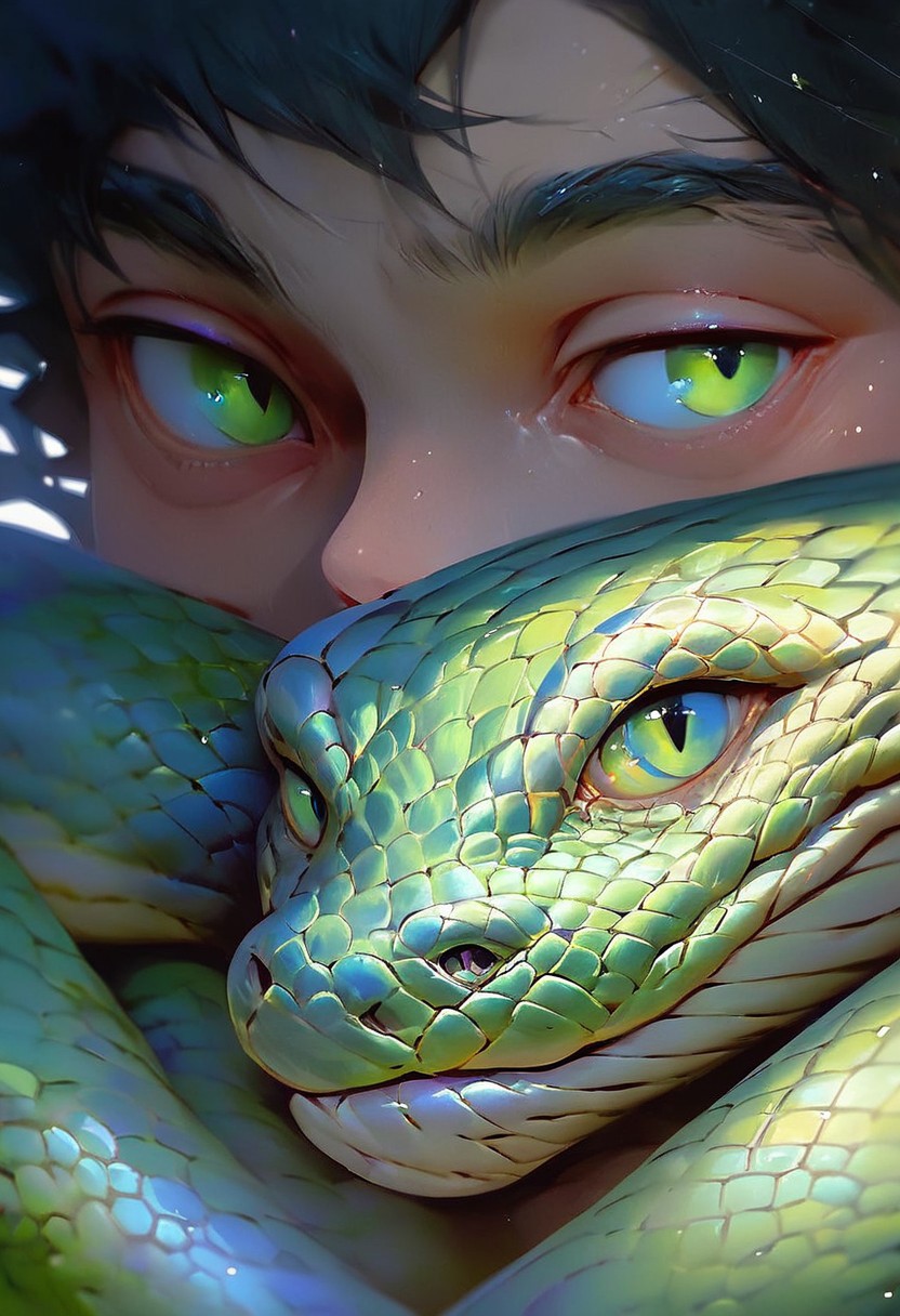 score_9, score_8_up, score_7_up, score_6_up, score_5_up, score_4_up, animalclose-up, boy and a snake, green with glowing scales, boy has black hair and green eyes, snake has black eyes,