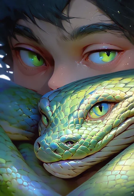 score_9, score_8_up, score_7_up, score_6_up, score_5_up, score_4_up, animalclose-up, boy and a snake, green with glowing scales, boy has black hair and green eyes, snake has black eyes,