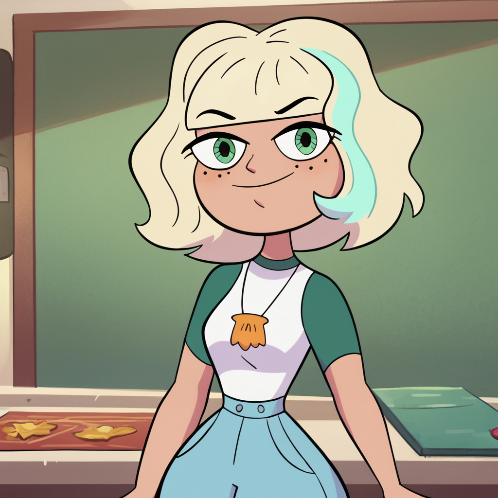 score_9, score_8_up, score_7_up, 1girl, JackieLynn, blonde hair, short hair, multicolored hair, green eyes, freckles, medium breasts, narrow waist, wide hips, looking at viewer, highres, high quality, masterpiece, <lora:Jackie_Lynn_Thomas:1>