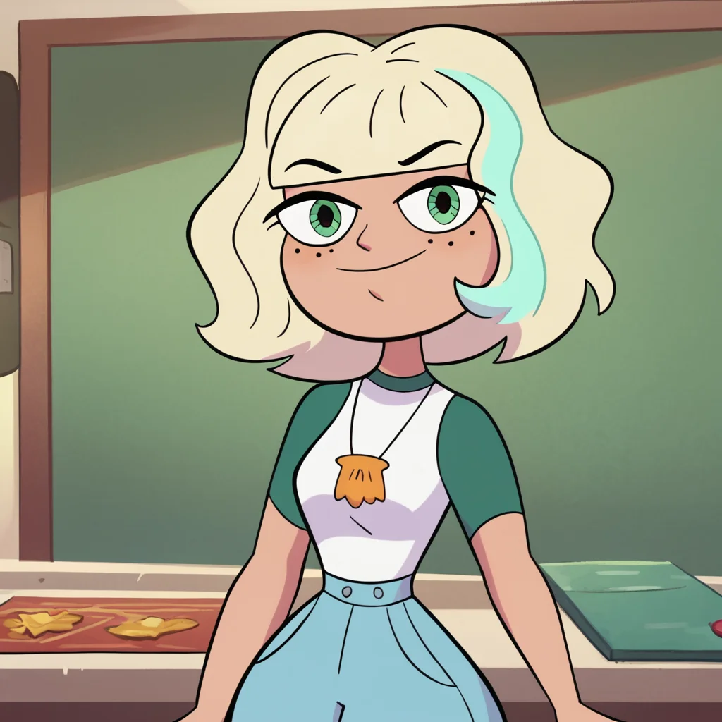 score_9, score_8_up, score_7_up, 1girl, JackieLynn, blonde hair, short hair, multicolored hair, green eyes, freckles, medium breasts, narrow waist, wide hips, looking at viewer, highres, high quality, masterpiece, <lora:Jackie_Lynn_Thomas:1>