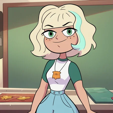 score_9, score_8_up, score_7_up, 1girl, JackieLynn, blonde hair, short hair, multicolored hair, green eyes, freckles, medium breasts, narrow waist, wide hips, looking at viewer, highres, high quality, masterpiece, <lora:Jackie_Lynn_Thomas:1>