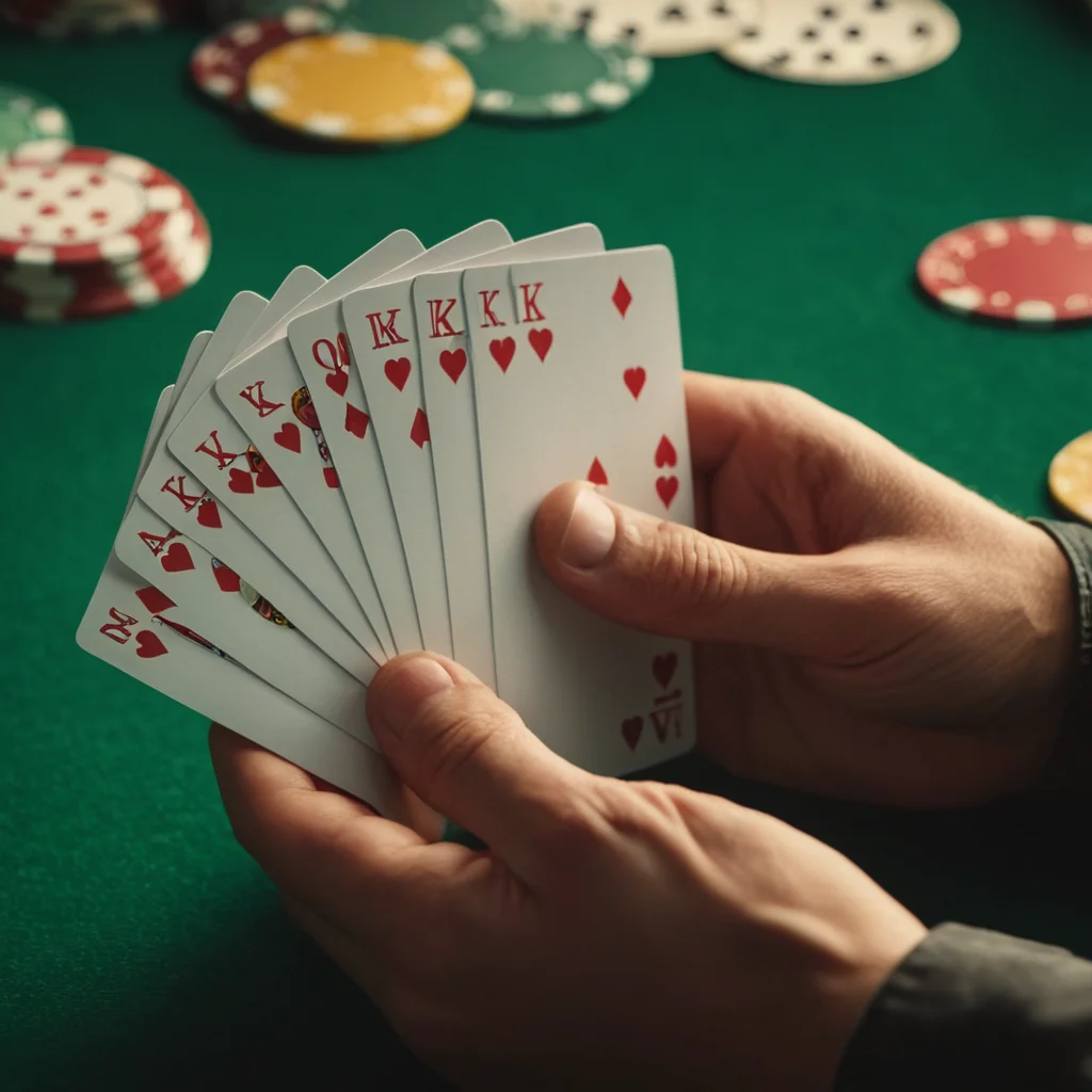 cinematic film still of  <lora:perfection style:0.1>
 <lora:detailed:0.3>
 <lora:Chiaroscuro Lighting Style:0.3>
A detailed and A perfect photo of a person's hand from behind holding four cards in their hand peaking at them,hand focus,cinematic hand,best hand,better hand,awesome hand,different hand,holding,heart,fingernails,table,clenched hand,out of frame,card,playing card,holding card,dice,spade (shape),poker chip,club (shape),perfection,different color,perfect color,realistic,realism,detailed background,perfect background,different background ,perfect style, perfection style, detailed style, shallow depth of field, vignette, highly detailed, high budget, bokeh, cinemascope, moody, epic, gorgeous, film grain, grainy