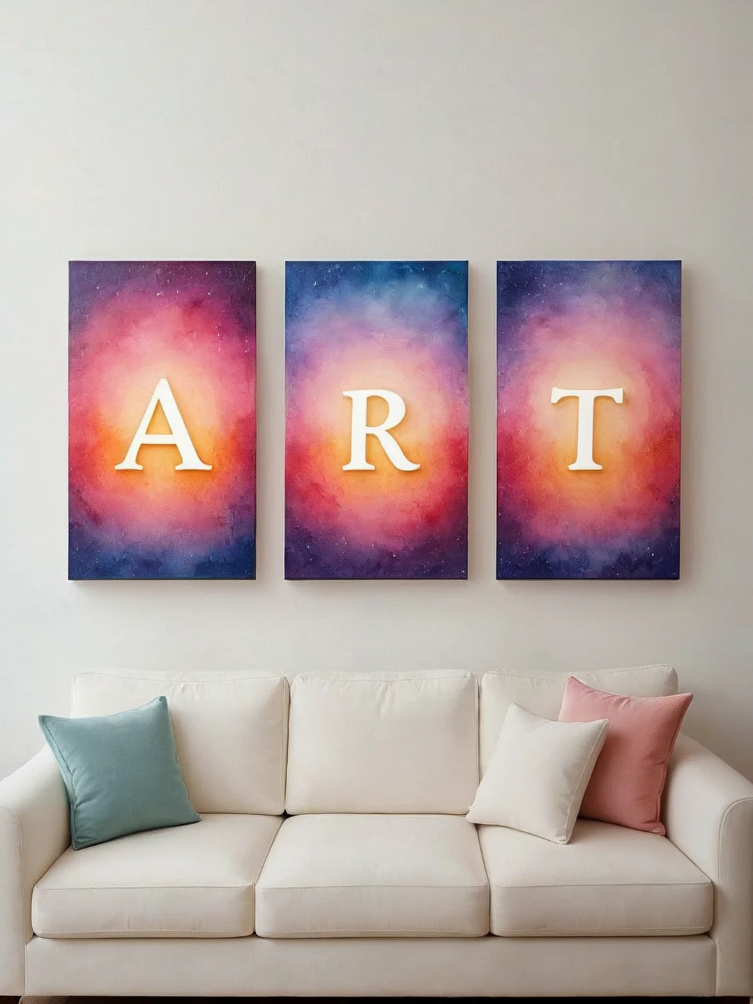 glowing text floating in the air: "A R T".
Triptych art, three panels. Sofa. Colorful. Vibrant. Soft dreamy watercolor.
<lora:TriptychArt01_CE_XL_300-OT:0.4> trptchCE_style
<lora:TextTitle01a_CE_XL_300-OT:0.6> texttitle