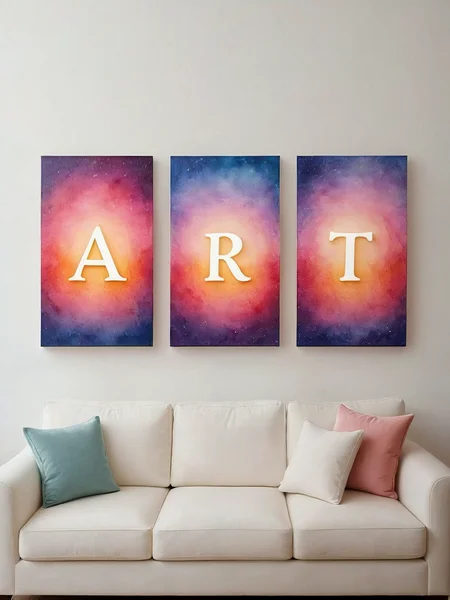 glowing text floating in the air: "A R T".

Triptych art, three panels. Sofa. Colorful. Vibrant. Soft dreamy watercolor.

<lora:TriptychArt01_CE_XL_300-OT:0.4> trptchCE_style
<lora:TextTitle01a_CE_XL_300-OT:0.6> texttitle