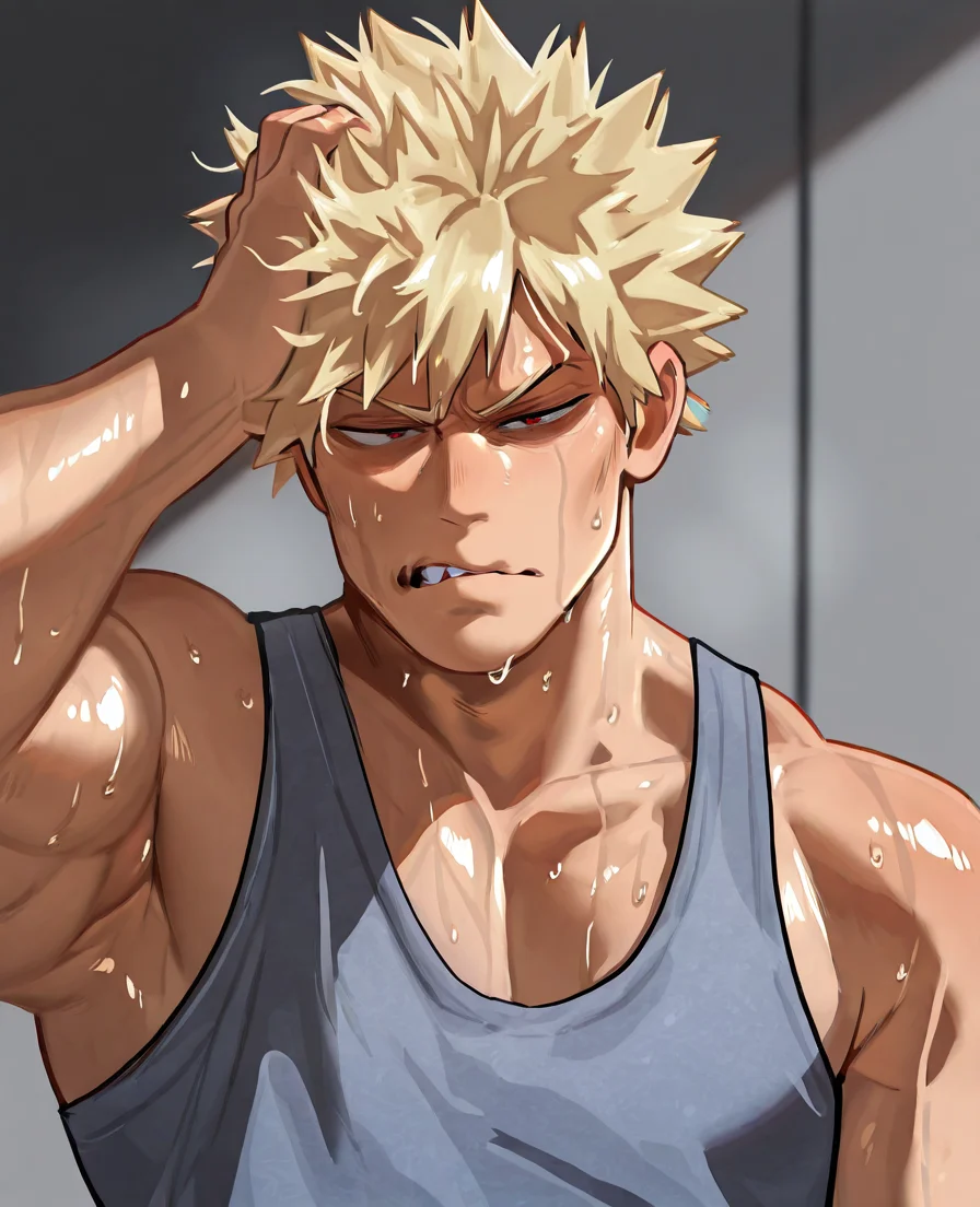 solo, 1boy, muscular male, masculine male, blonde hair, red eyes, spikey hair, tank top, sweaty, hand on head, tired, scowl
, very awa, masterpiece, best quality, absurdres, newest, perfect quality, intricate details, detailed face
, <lora:m-d-000021:1>
, <lora:Katsuki_Bakugo:1>