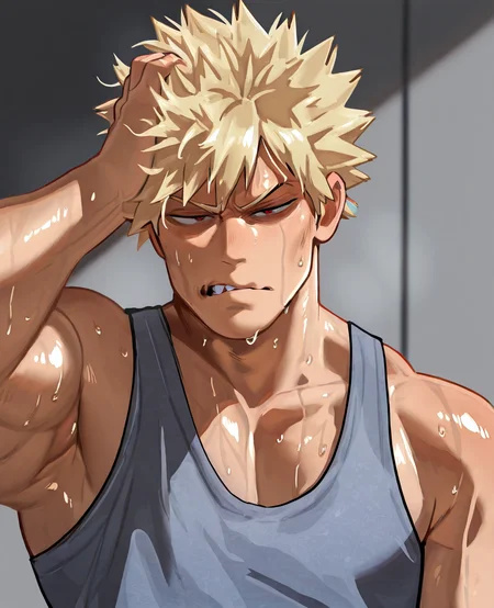 solo, 1boy, muscular male, masculine male, blonde hair, red eyes, spikey hair, tank top, sweaty, hand on head, tired, scowl
, very awa, masterpiece, best quality, absurdres, newest, perfect quality, intricate details, detailed face
, <lora:m-d-000021:1>
, <lora:Katsuki_Bakugo:1>