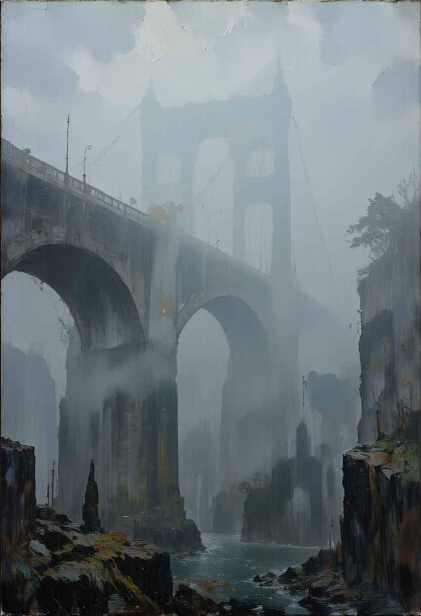 A heavy fog obscuring the view of a bridge, with only faint outlines visible, Melancholic Weather, in memadukan_painter art style, <lora:Memadukan_Brush_Strokes_of_Fineart-000006:1.0>