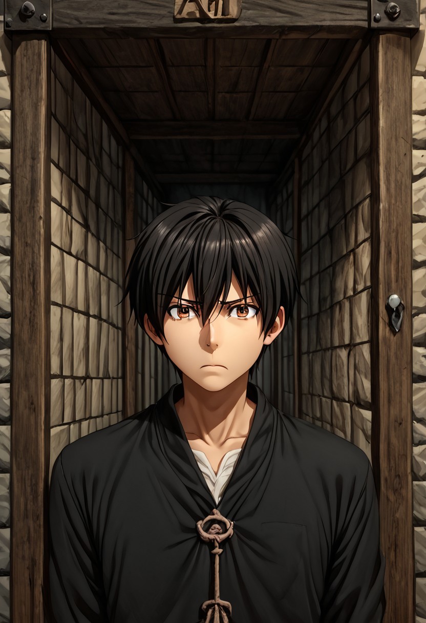 high resolution, solo, best quality, 1Boy, Seiya Kanie, Black Hair, Short Hair, Thin, Brown Eyes, Captivity, isolation, hunger, survival,