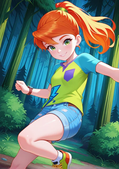 handsfree, masterpiece, best quality, amazing quality, very aesthetic, 1girl, looking at viewer, smile, dynamic pose, outdoors, forest, dynamic angle,
mia_illus, green eyes, orange hair, ponytail, long hair, shirt, raglan sleeves, green shirt, shorts, denim, shoes, socks, watch,
<lora:Mia_-_Lego_Friends__Girls_on_a_Mission_ILLUSTRIOUS:1>