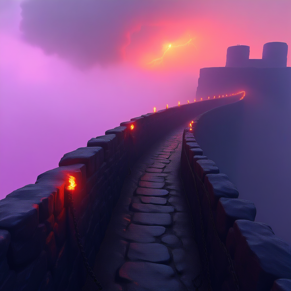 cpolldreamyfortress, cpolldfotfwl, on the fortress wall, otherworld, above the fortress wall, fortress wall, outdoor, orange sky, orange lightnings in sky, vivid purple mist, purple lightnings in vivid purple mist