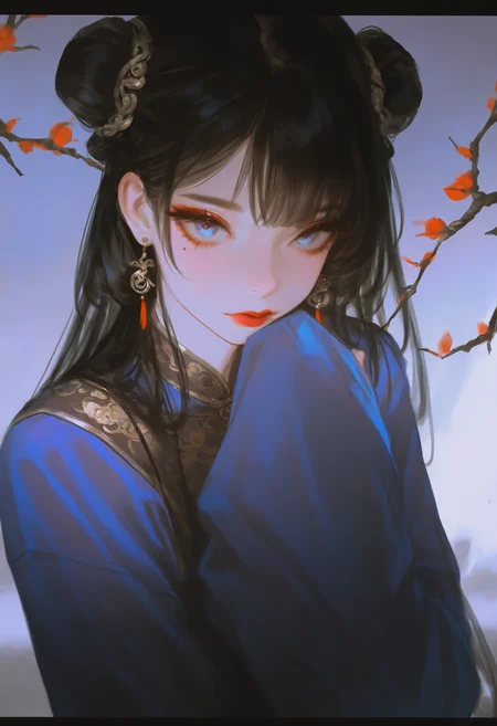 masterpiece, best quality, Good quality, very aesthetic, absurdres, newest, 1girl, solo, long_hair, looking_at_viewer, blue_eyes, black_hair, long_sleeves, closed_mouth, jewelry, upper_body, earrings, hand_up, hair_bun, mole, sleeves_past_wrists, mole_under_eye, double_bun, chinese_clothes, sleeves_past_fingers, branch, red_lips, hanfu, <lora:ponyv4_noob1_2_adamW-000017:0.7> <lora:USNR_STYLE_XL_lokr:1> <lora:MeMaXL4:0.4>