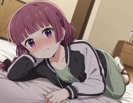score_9, score_8_up, score_7_up, source_anime,
kikurihiroi, <lora:kikuri-hiroi-s1-ponyxl-lora-nochekaiser:1>,
kikuri hiroi, black bow, blunt bangs, braid, purple eyes, fang, hair bow, hair over shoulder, long hair, purple hair, sidelocks, single braid,
black jacket, brown footwear, collarbone, dress, green dress, jacket, long sleeves, open clothes, open jacket, raglan sleeves, sandals, white sleeves,
indoors, bed, bed room, on side, blush, drunk,
cowboy shot, solo, dutch angle, looking at viewer,
