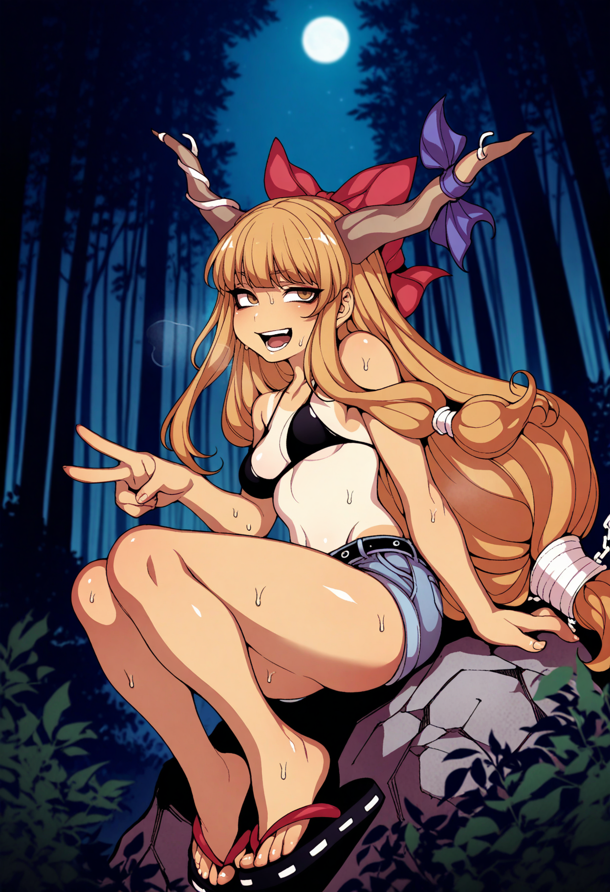 fishine, outdoors, forest, night, sitting, peace sign, 1girl, medium breasts, ibuki suika, bikini top, denim shorts, flip flops, sweating, smile, narrowed eyes, looking at viewer, open mouth, tanlines
<lora:artist-fishine-illust:1>
