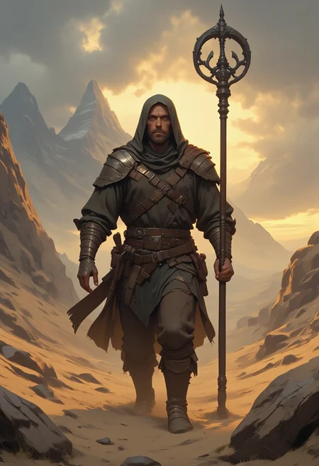 "Standing resilient amidst a vast, storm-swept wasteland, a lone figure—a warrior cloaked in tattered robes—pushes forward against the relentless winds. His face is stern, etched with years of struggle, but his eyes burn with an indomitable spirit. His body is adorned with scars, symbolizing battles fought and challenges overcome. He wields a heavy staff, glowing faintly with runic energy, as if drawing strength from an unknown source. In the distance, towering mountains loom, their peaks obscured by clouds, but the warrior marches forward, undeterred. The sun sets behind him, casting long shadows, yet his posture remains unbroken. The scene exudes a sense of determination, with swirling dust and rocks adding to the harshness of the environment."