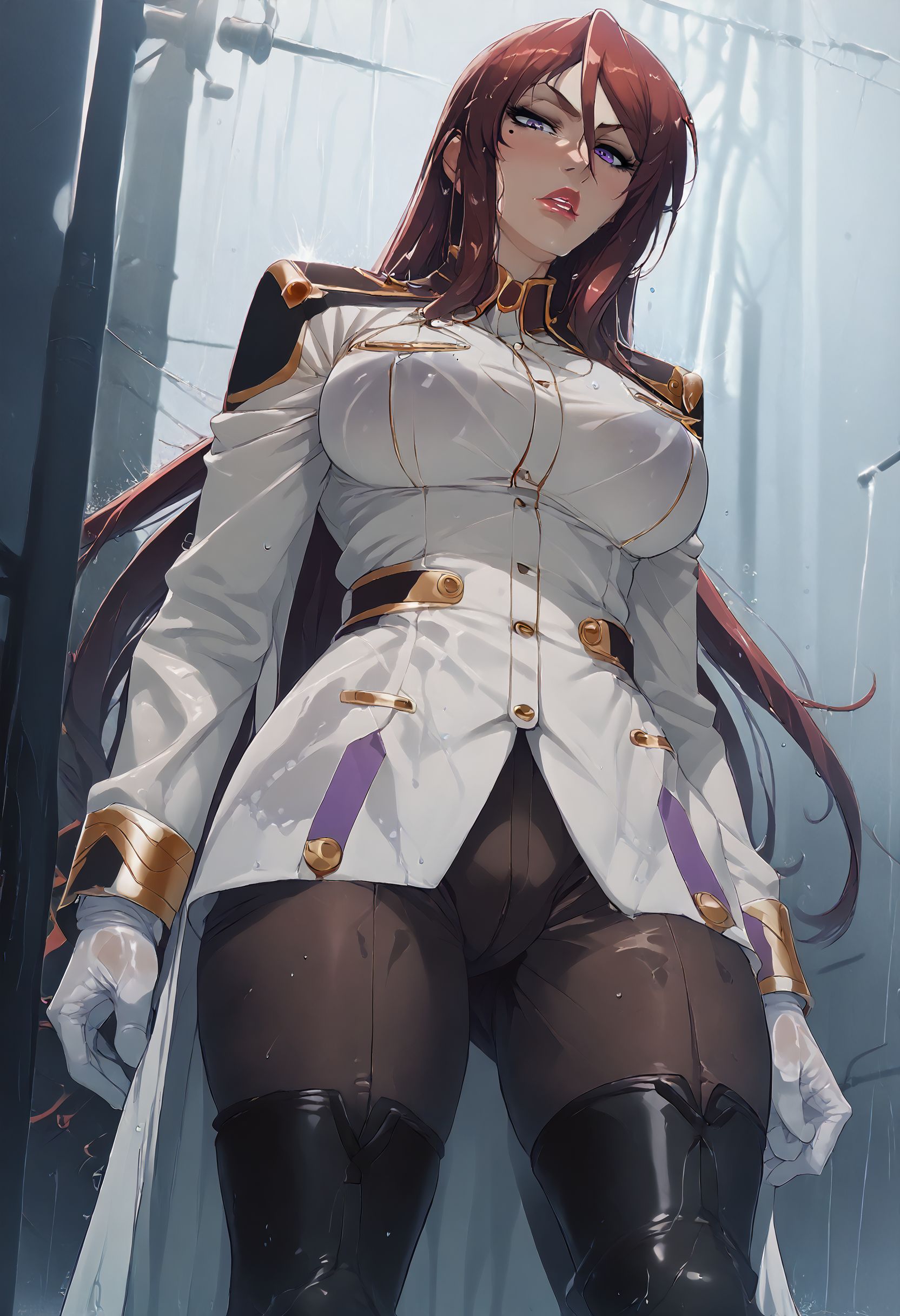 score_9, score_8_up, score_7_up,
heavy-rain, wet clothes, wet hair, Beatrice Kushan, mature female, 1girl, long hair, purple eyes, lipstick, lips, mole under eye, wide hips, large breasts, military uniform, brown pants, thigh boots, white gloves, open white coat, coat on shoulders, from below, closeup, 
<lora:Style-Summer_Days_2_V6-PonyXL-prgfrg23:0.8> <lora:Artist-Incase_V2-PonyXL-MidFR:0.8>  <lora:Hentai-Beatrice_Kushan_Kangoku_Senkan-PonyXL-Enigmata:1> <lora:Style-Rain-PonyXL-MLGnom:1>