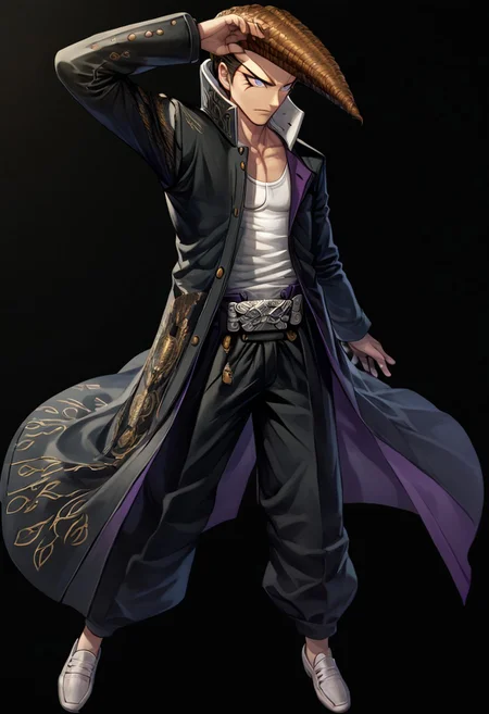 score_9, score_8_up, score_7_up, (best-quality: 1.5), 1boy, solo, pompadour, brown hair, purple eyes, white tank top, black jacket, black pants, belt, white shoes, black-background:1.5, black background, simple background, detailed eyes, floating, unique pose, dynamic angle, solo:1.5, full body, feh_seoreh_pnxl