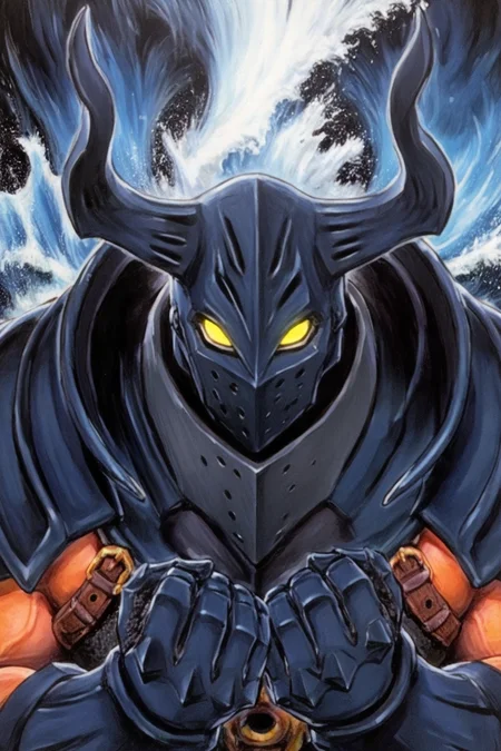 masterpiece,best quality,amazing quality,cyb88, traditional media, GOHAGO, 1boy, very muscular, bare arms, pauldrons, horned helmet, glowing eyes, yellow eyes, gorget, full armor, codpiece, gauntlets, upper body, hands up, hands clenched, tidal wave background, tidal wave, looking at viewer