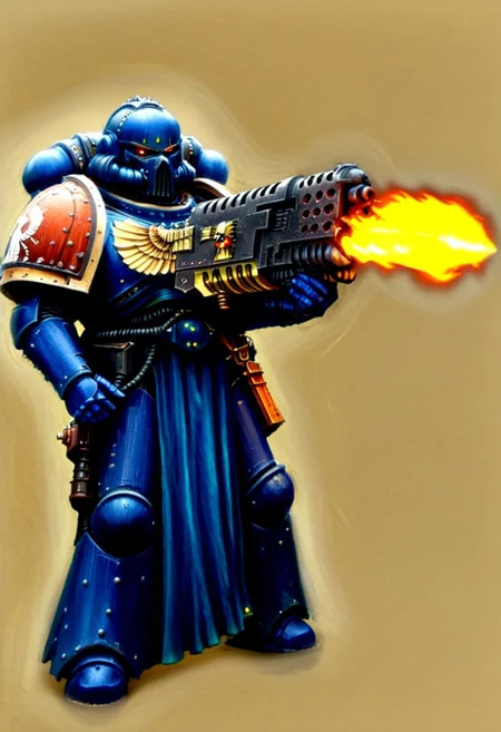 Score_9_up, absurdres, source: GamesWorkshop, grimdark, gothic horror, an adeptus astartes Ultramarines Infernis space marine in armor and helmet wielding a flamer