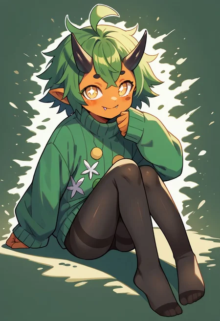 score_9, score_8_up, score_7_up, score_6_up, score_5_up, score_4_up, BREAK, source_cartoon, source_anime,
1girl, solo, (teal, green poncho, green dress, black pantyhose, ribbed tights, no shoes)
((sweater-dress)), (((pantyhose))), ((no-shoes)), ((messy-hair)), <lora:OgerXL-15:0.75> ogerpon, fangs, personification, green hair, messy hair, short hair, ahoge, black horns, blush stickers, yellow eyes, colored skin, orange skin, pointed ears, oni, little girl, flat chest
